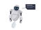 Cute white flying robot character broken. Futuristic chatbot mascot disabled with speech bubble. Tech cartoon online bot