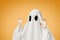 Cute white ghost with spooky gesture in Halloween.