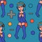 Cute white girl gamer in headphones between buttons from the gamepad.  seamless pattern