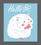 Cute white hamster gnawing on a seed, funny fluffy pet, vector small adorable home animal with lettering Hello on blue