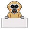 Cute white handed gibbon monkey cartoon holding blank sign