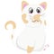 Cute white kitten with beige spots sits and washes with its paw, vector illustration in flat style