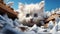 a cute white kitten with blue eyes peeking out of a hole photorealism style on white background