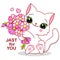 Cute white kitten with a bouquet of flowers. Vector