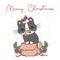 Cute white kitten cat with Christmas present gift fish standing in pink gift box, Meowy Christmas, adorable joyful cartoon animal