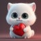 Cute white kitten holding a red heart. Created with Generative AI