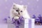 A cute white kitten peeks out of a gift box. Generative AI
