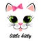 Cute white kitten with pink bow. Girlish print with kitty for t-shirt