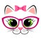 Cute white kitten with pink bow and glasses. Girlish print with kitty for t-shirt