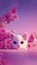 Cute white kitten with pink flowers in pink and purple background