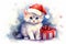 cute white kitten in Santa hat sitting near a beautifully packaged box,watercolor