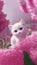Cute white kitten standing behind pink flowers in pink background