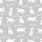 Cute white kittens black thin lines silhouettes on gray background seamless pattern, cartoon drawing adorable pets, editable