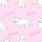 Cute white kittens black thin lines silhouettes on pink background seamless pattern, cartoon drawing adorable pets, editable