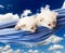 Cute white kittens in hammock isolated at blue sky