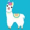 Cute white llama with colorful flowers on the head