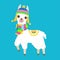 Cute white llama in in a hat and scarf