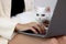 Cute white Persian cat sitting on laptop keyboard, owner woman working on computer with her happy fluffy comfortably pet, girl