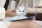 Cute white Persian cat sitting on laptop keyboard, owner woman working on computer with her happy fluffy comfortably pet, girl