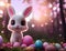 Cute White And Pink Easter Bunny With Easter Eggs In A Magical Forest - AI Generated Illustration