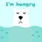 Cute white polar bear is standing in the water, fish are swimming around him, he is sad and hungry. Vector illustration and