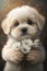 Cute white puppy holds a bouquet of white flowers.AI generative