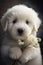 A cute white puppy holds a bouquet of white flowers in its paws.