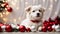 Cute white puppy near the Christmas tree. Merry Christmas and Happy New Year decoration around. Generative AI