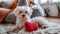 A cute white puppy on plush rug in cozy living room, bathed in sunlight, adoring red heart toy