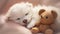 Cute white puppy sleeps with a teddy bear on a pink background. Generative AI.