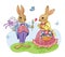 Cute white rabbit or bunny with Easter egg. Romantic gift. Isolated cartoon illustration, suitable for print or sticker.