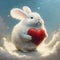 cute white rabbit with a red heart on clouds, ai generative