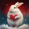 cute white rabbit with a red heart on clouds, ai generative