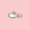Cute white rabbit stretches forward to an easter egg side view. funny bunny