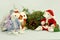 Cute white rats in a suit of Santa Claus and Snow Maiden near a branch of a thuja and a snow-covered house on a blue background