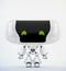 Cute white robot toy with green eyes, 3d rendering