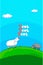 Cute white sheep, black sheep looking at the sky together on green grass. Cartoon sheep overlooking the text on grassland. Vector