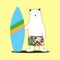 Cute white summer bear cartoon with surf board on yellow.