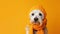 Cute white terrier dog dressed in orange scarf