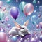 Cute white tiny bunny on balloons above clouds purple