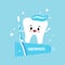 Cute white tooth emoji holding toothbrush stand on toothpaste.