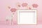 Cute white unicorn over the pink pastel background with clouds and baloons