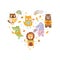 Cute Wild Animals of Heart Shape, Snail, Owl, Fox, Crocodile, Lion, Bear, Horse, Bear Forest Animals Banner Template
