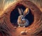 A cute wild hare sits in a hole in a field. Generative AI