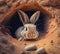 A cute wild hare sits in a hole in a field. Generative AI