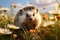 Cute Wild Hedgehog Playing on a Flowering Meadow Enjoying Beautiful Daisy Flower in Blue Sky
