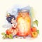 A cute winged fairy and jar of sweet sunny peach jam, fantasy watercolor style illustration, AI generative image
