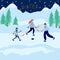 Cute winter, Christmas illustration of a loving happy family on winter vacation. Mom, dad and child walk and skate