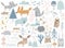 Cute winter forest animals in simple hand drawn pastel color Scandinavian style vector illustration