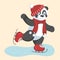 A cute winter panda in a red hat and scarf is skating on a frozen lake. Hand drawn style. Vector illustration